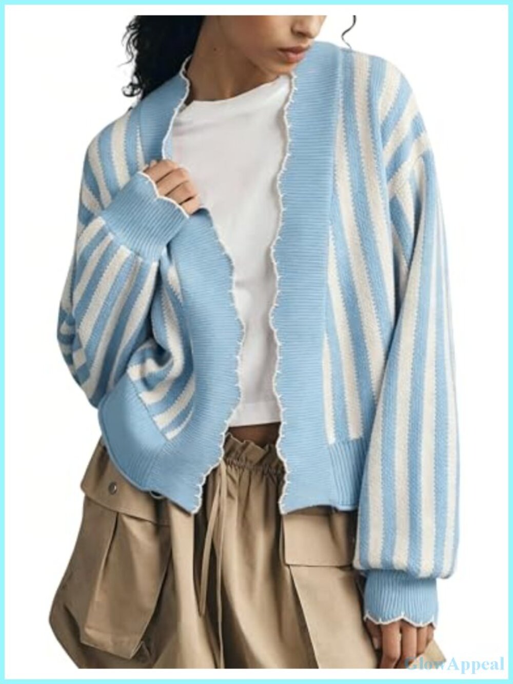 Women's Striped Knit Cardigan Open Front Ruffle Sweater